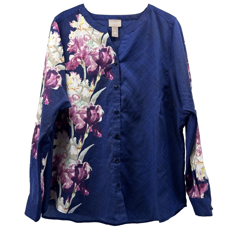 Chicos Womens Top Size 1 M Blue Floral Long Sleeve Button Up Blouse V Neck